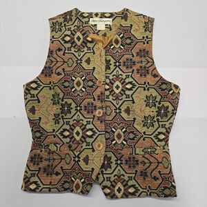 Norm Thompson Vintage Tapestry Vest Womens Earthy Geometric Boho Button Up